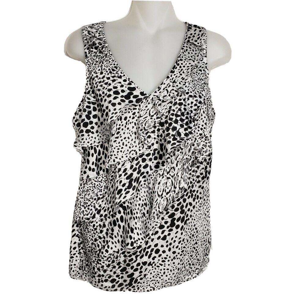 White House Black Market Womens XS Blouse Sleeveless Ruffle Black White V Neck